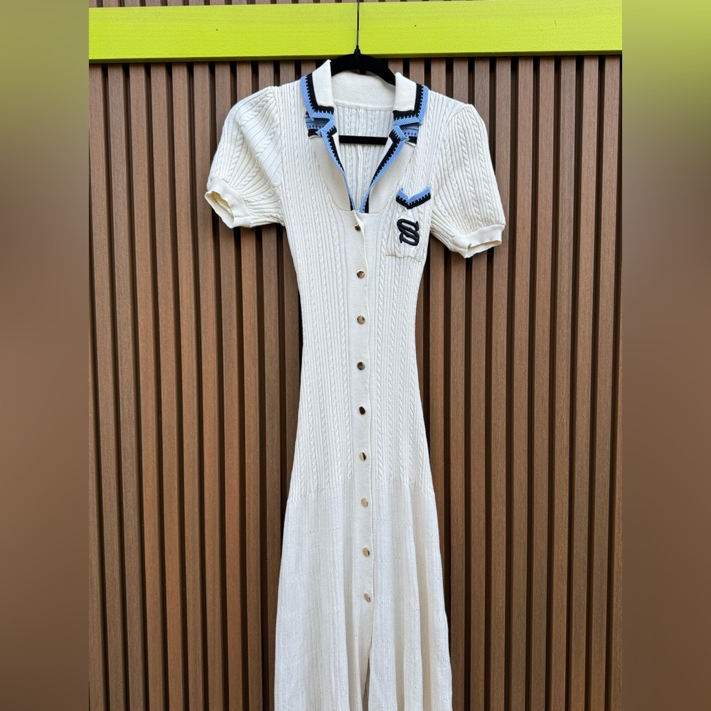 Sandro Cream Knit Midi Dress with Blue Trim